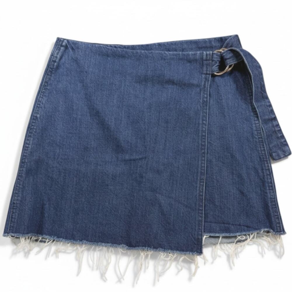 Madewell Mini Wrap Skirt Women's Size 2 Blue Denim Jean Fringe Frayed Raw Hem